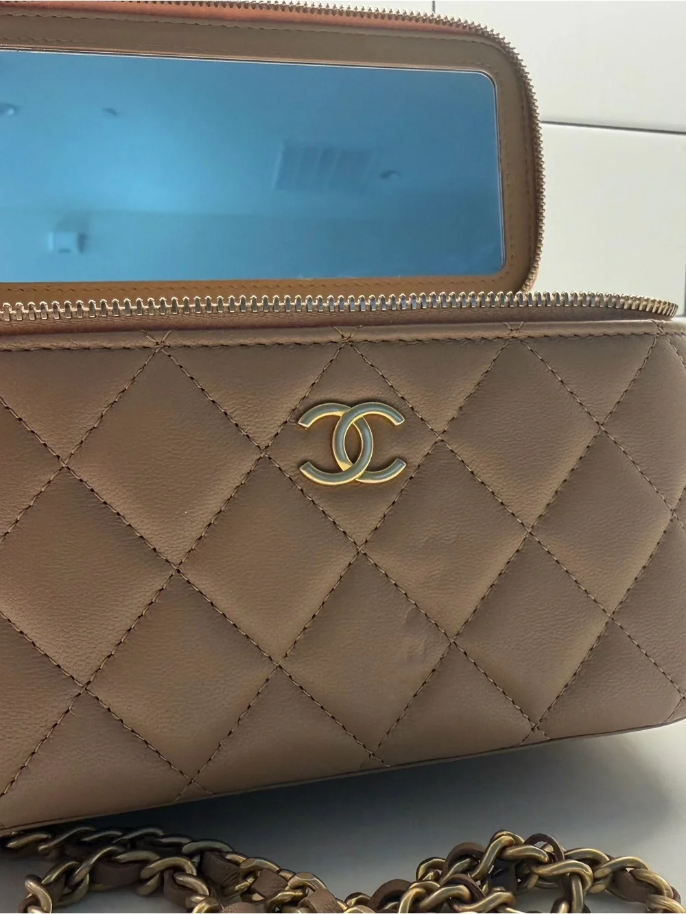 CHANEL Quilted Taupe Leather Vanity Crossbody with Gold Chain